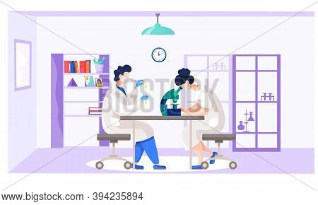 Woman Scientist Is Looking Through A Microscope. Chemists Are Working With The Equipment In The Labo