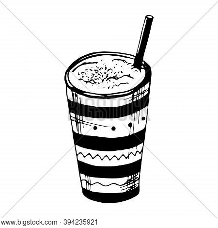 Single Vector Illustration Of A Striped Coffee Cup With A Straw.hand-drawn Illustration For The Desi