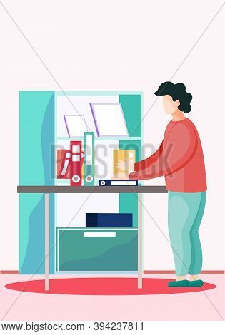 Young Man With A Stack Of Books Is Standing At A Table And Bookcase In Office Room. Flat Vector Illu