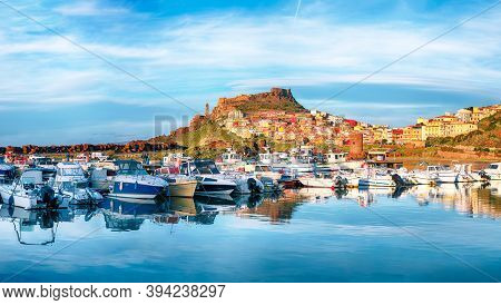 Picturesque View Of Medieval Town Of Castelsardo. Cityscape Of Castelsardo At Sunset.  Location: Cas