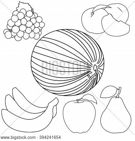 Sweet Fruit. Banana, Watermelon, Apple, Grape, Peach, Pear. Whole And Pieces. Realistic Illustration
