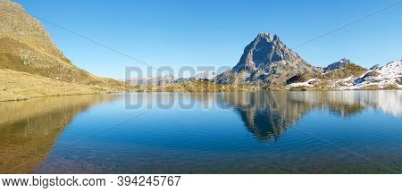 Midi Dossau Peak and Gentau lake. Ayous Lakes in Ossau Valley, Pyrenees National Park in France.