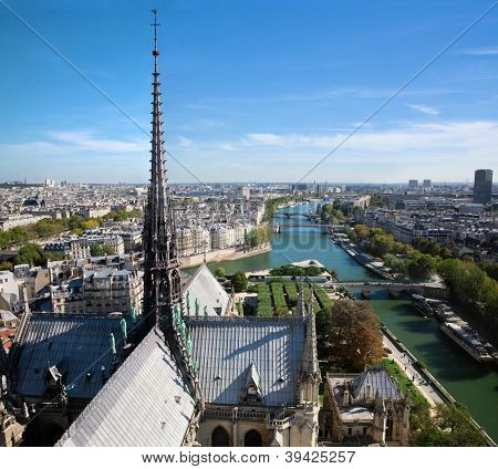 パリのパノラマ、フランス。ノートルダム大聖堂からセーヌ川を表示します。