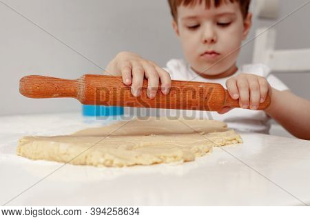 Little Boy Helps Mother To Cook  Making Homemade Coockies. Casual Lifestyle In Home Interior, Pretty