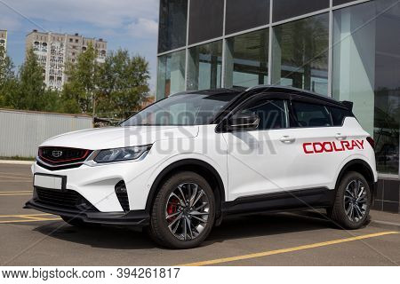 Russia, Izhevsk - August 14, 2020: Geely Showroom. New Modern Coolray Is Standing Near The Dealer Sh