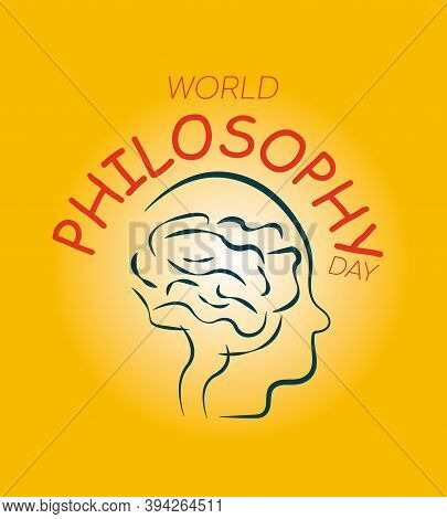 World Philosophy Day Background Vector Illustration.
Linear Form Of The Human Brain. Yellow Backgrou