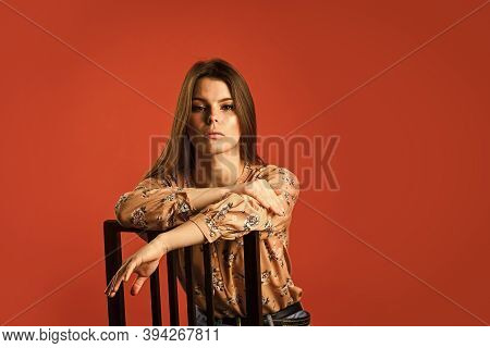 Female Fashion Style. Girl Has Long Hair. Thinking Concept. Lost In Her Thought. Feeling Loneliness.