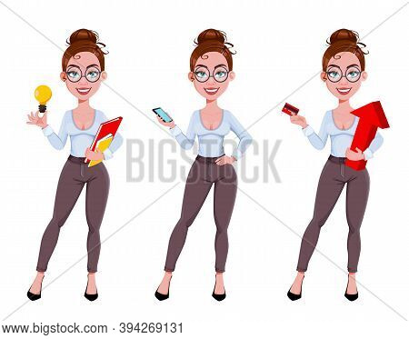 Stock Vector. Beautiful Modern Business Woman Cartoon Character In Flat Style, Set Of Three Poses. C
