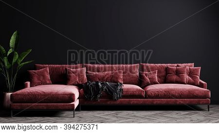Home Interior, Luxury Modern Dark Living Room Interior, Black Empty Wall Mock Up With Red Sofa, 3D R