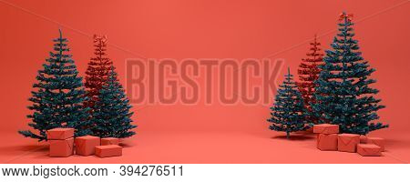 Background With Christmas Trees. New Year. Christmas Card. 3d Rendering. New Year Banner With Blank 