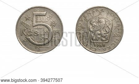 Czechoslovakian Coin 5 Koruny Currency Year 1968 Obverse And Reverse Side,macro Close Up On White Ba