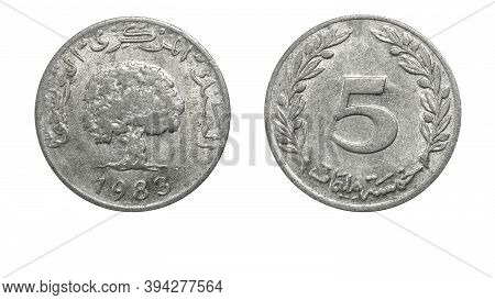 Authentic Tunisian 5 Milliemes Coin Year 1983 Obverse And Reverse Side On White Background,macro Clo