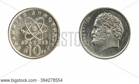 Authentic Greek Coin 10 Drachmai Year 1988 Obverse And Reverse Side On White Background,macro Close 