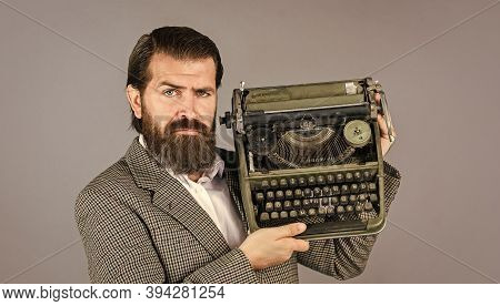 Choosing Retro. Professional Typist Make Notes Typing. Modern And Old Technology. Digital Business. 