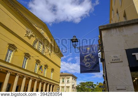 October 2020 Parma, Italy: Royal Theatre. Teatro Reggio On Sunny Day Across Blue Sky, Streetlight, P