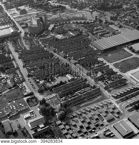 Leiden, Holland, July 17 - 1978: Historical black and white aerial photo of Leiden with the old Meelfabriek, flour mill and Zeeheldenbuurt quarter