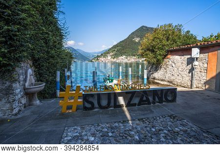 Sulzano, Italy, September 9, 2020 - View Of Monte Isola From The Town Of Sulzano, Iseo Lake, Brescia