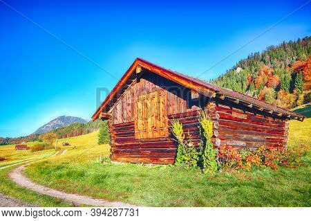 Fantastic View Of Alpine Valley With Wooden Huts  Near Wagenbruchsee (geroldsee) Lake . Location: Ge