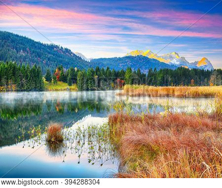 Awesome View Of Wagenbruchsee (geroldsee) Lake With Zugspitze Mountain Range On Background. Location