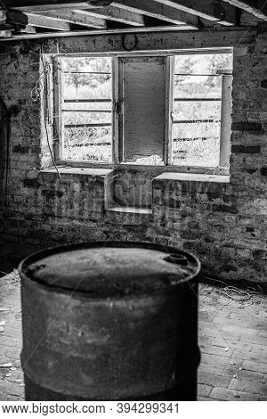 A Glassless Window In A Derelict House, Black And White