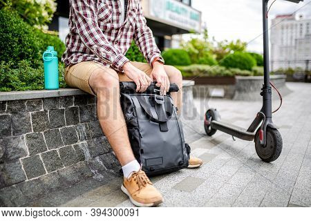 Black Stylish Retro Vintage Backpack. Bag With Leather Trim, Roll-top Clasp. Urban Rucksack. Travel 