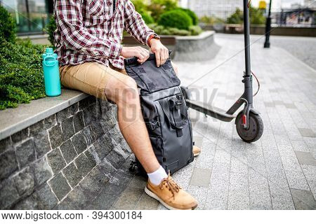 Black Stylish Retro Vintage Backpack. Bag With Leather Trim, Roll-top Clasp. Urban Rucksack. Travel 