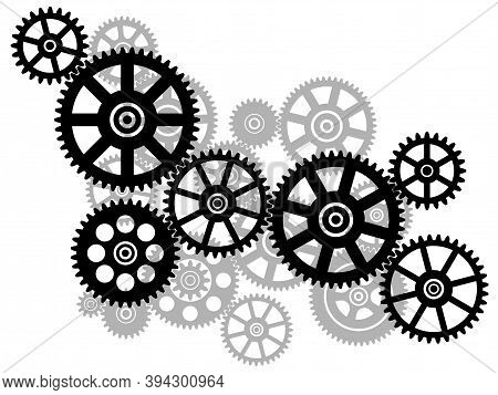 Cogwheel Gear Mechanism.
Black Silhouette Gears On A White Background. Vector Illustration.