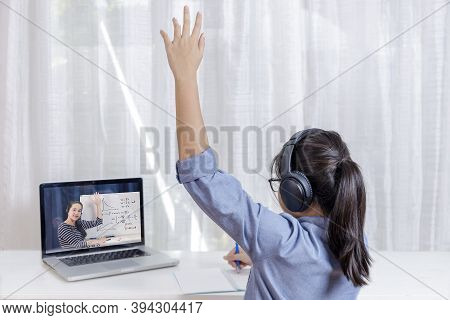 Asian Little Girl Student Learning Via Internet Online Class From School Teacher Duling Covid-19 Out