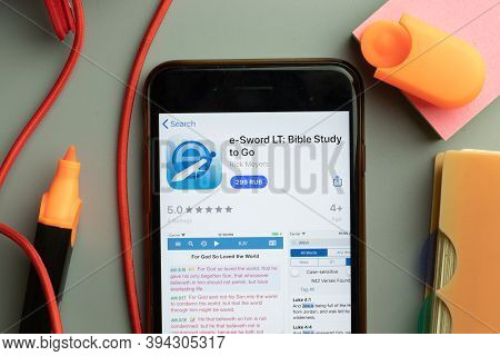 New York, United States - 7 November 2020: Phone Screen Close-up With E-sword Lt Bible Study To Go M