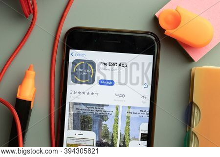 New York, United States - 7 November 2020: Phone Screen Close-up With The Eso Mobile App Logo On Dis