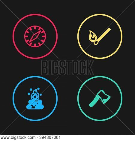 Set Line Campfire, Old Wooden Axe, Burning Match With And Compass Icon. Vector