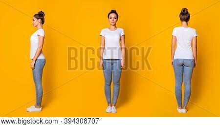 Photo Collage Of Attractive Charming Confident Focused Concentrated Girl With Modern Hairdo Wearing 