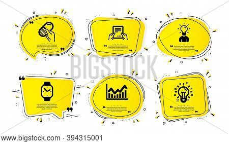Capsule Pill, Smartwatch And Infochart Icons Simple Set. Yellow Speech Bubbles With Dotwork Effect. 