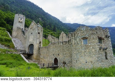 Cycleway Of Pusteria Valley, Bolzano Province, Trentino Alto Adige, Italy. Ruins Of Castle Of Chiusa