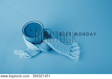 Blue Cup With Scarfcoffee On Blue Background. Blue Monday Concept