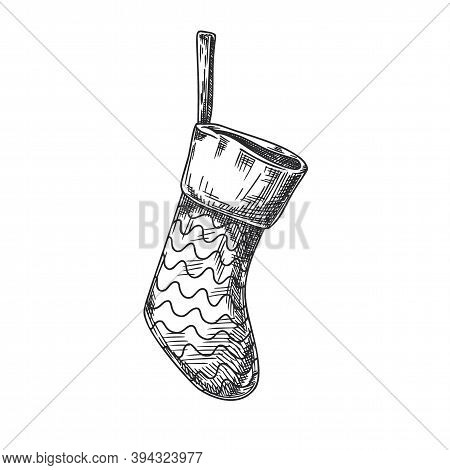 Christmas Sock Isolated On White Background. Sketch, Vector
