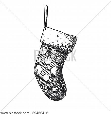Christmas Sock Isolated On White Background. Sketch, Vector