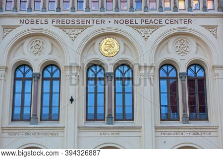 Oslo, Norway - October 30, 2016: Alfred Nobel Piece Center Gold Medal At Building In Oslo, Norway.