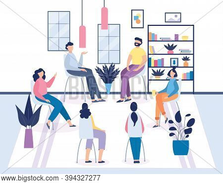 Group Therapy Or Psychotherapeutic Meeting, Flat Vector Illustration.