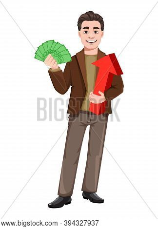Stock Vector Businessman Cartoon Character In Flat Style. Young Handsome Business Man Holding Money 