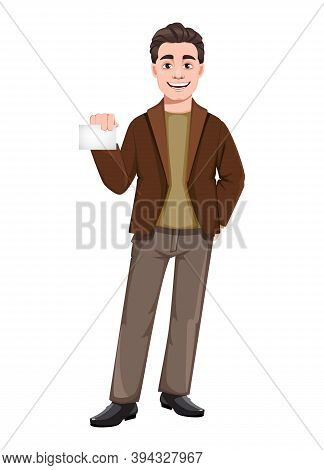 Stock Vector Businessman Cartoon Character In Flat Style. Young Handsome Business Man Holding Blank 