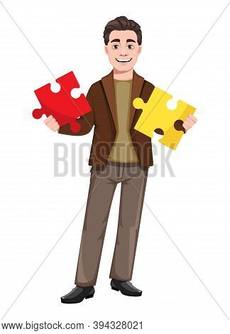 Stock Vector Businessman Cartoon Character In Flat Style. Young Handsome Business Man Holding Two Pi