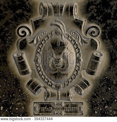Family Coat Of Arms Of A Medieval Knight, Made Of Gold, Medieval Heraldic Gold Coat Of Arms. 3d-rend