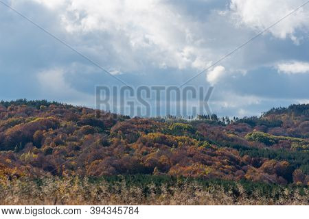 Autumn Landscape With Couldy Moody Sky Rural Mountain Woodland Bulgaria