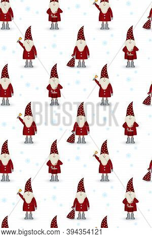 Seamless Pattern Nisse Santa Claus Scandinavian Folk Style, In Red Fur Coat Isolated On White Backgr