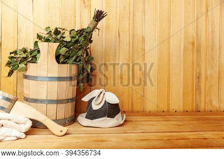 Interior Details Finnish Sauna Steam Room With Traditional Sauna Accessories Basin Birch Broom Scoop
