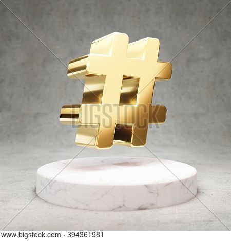 Hashtag Icon. Gold Glossy Hashtag Symbol On White Marble Podium. Modern Icon For Website, Social Med