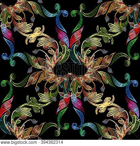Floral Embroidery Vector Seamless Pattern. Abstract Tapestry Colorful Background. Grunge Flowers, Le