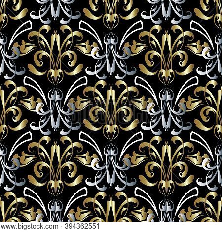 Vintage Damask Baroque Vector Seamless Pattern. Floral Ornate Patterned Background. Gold , Silver, B