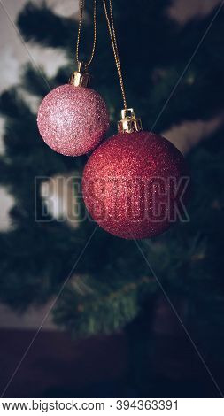 New Yeras Toys, New Years Background. Christmas Tree With Decorations.